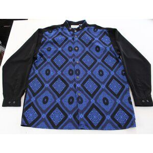 Pronti Collection Mens XL Blue Black Geometric Brocade Mandarin Collar Shirt